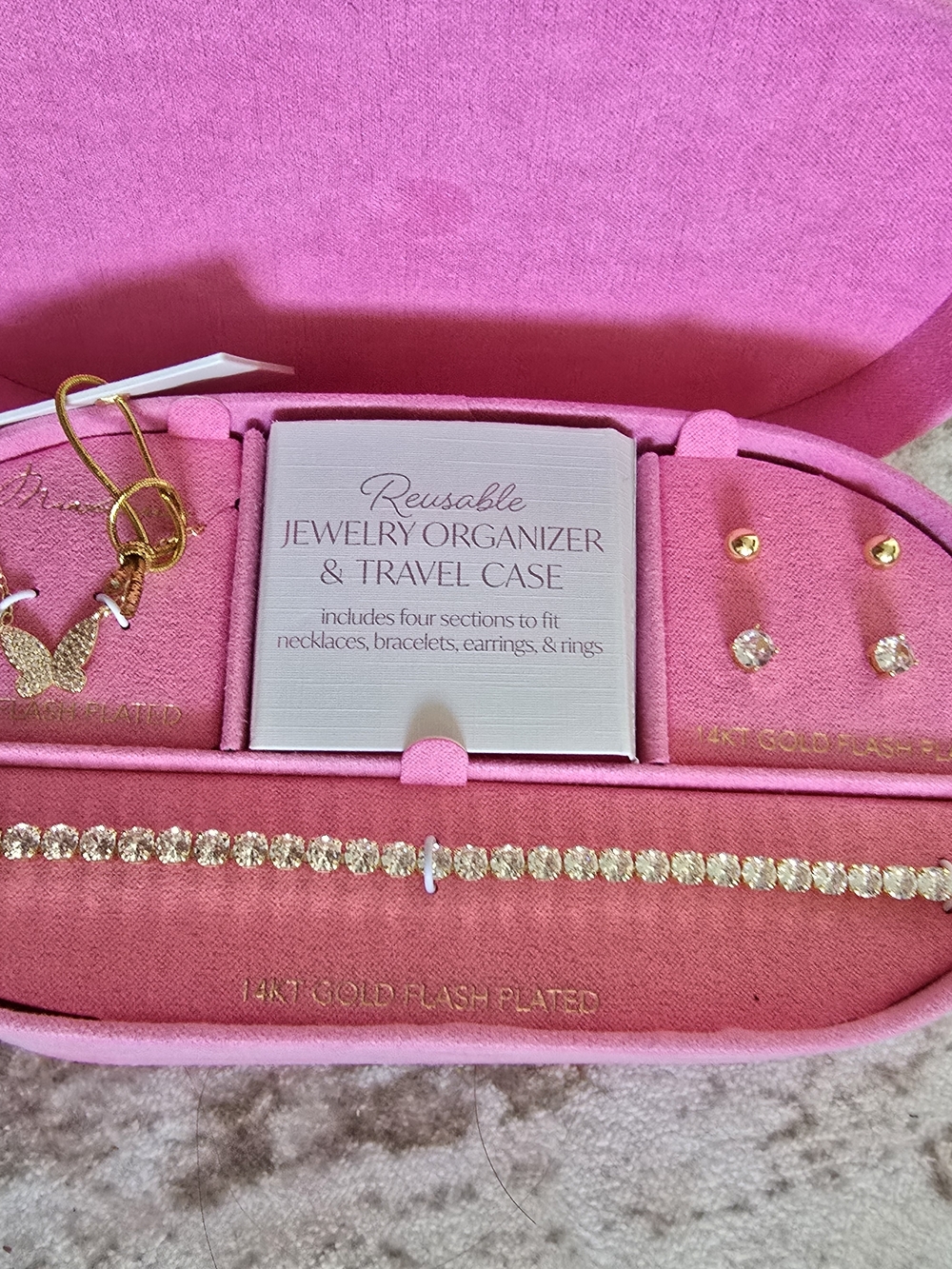 Pink Reusable Jewelry Organizer & Travel Case with Gold-Plated Jewelry